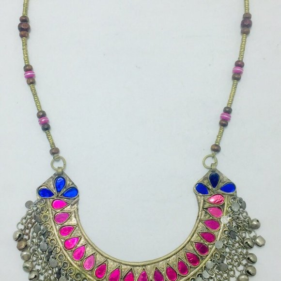 Beaded Chain Choker Necklace With Pink Glass Stones, Tribal Statement - Picture 7 of 9